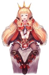 Rule 34 | 1girl, black footwear, black legwear, blonde hair, boots, cagliostro (granblue fantasy), cape, dress, full body, granblue fantasy, highres, long hair, looking at viewer, open mouth, red skirt, simple background, skirt, solo, white background, yu mochi (kamiinu)