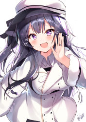Rule 34 | 1girl, :d, absurdres, azur lane, black hair, bow, breasts, coat, commentary request, fang, glint, hair bow, hand up, hat, heart, heart-shaped pupils, highres, jewelry, leaning forward, long hair, long sleeves, looking at viewer, medium breasts, nenobi (nenorium), one side up, open mouth, pamiat merkuria (azur lane), peaked cap, purple eyes, raised eyebrow, ring, signature, simple background, smile, solo, symbol-shaped pupils, wedding band, white background, white coat, white hat, wing collar