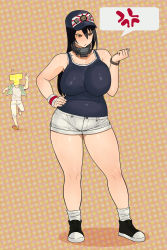 Rule 34 | 10s, 1boy, 1girl, admiral (kancolle), anger vein, angry, ankle socks, annoyed, bad id, bad pixiv id, belly, black hair, breasts, brown eyes, casual, collar, curvy, flying sweatdrops, frown, hand on own hip, hat, hawaiian shirt, headgear, highres, huge breasts, kantai collection, long hair, nagato (kancolle), open mouth, plump, polka dot, polka dot background, red eyes, running, shirt, shoes, short shorts, shorts, sneakers, socks, spoken anger vein, standing, sweatdrop, synecdoche, t-head admiral, t-shirt, tank top, thick thighs, thighhighs, thighs, watch, wide hips, wristband, wristwatch