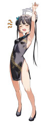 Rule 34 | 1girl, absurdres, arm up, armpits, black dress, black footwear, black hair, blue archive, breasts, butterfly hair ornament, chinese clothes, closed eyes, double bun, dragon print, dress, full body, hair bun, hair ornament, halo, highres, kisaki (blue archive), long hair, mamo (user jjca7524), open mouth, print dress, shoes, simple background, sleeveless, sleeveless dress, small breasts, solo, standing, teeth, thighs, twintails, upper teeth only, white background, yawning