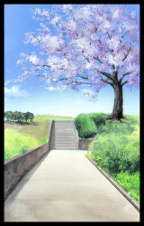 Rule 34 | absurdres, blue sky, border, calligraphy brush (medium), cherry blossoms, cloud, commentary request, day, grass, highres, hirota (masasiv3), no humans, outdoors, path, road, scenery, sky, stairs, tree