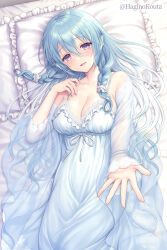 Rule 34 | 1girl, :d, bare shoulders, bed sheet, blue dress, blue hair, blush, braid, breasts, cleavage, collarbone, commentary request, copyright request, dress, fins, frilled pillow, frills, hagino kouta, hair between eyes, head fins, highres, long hair, medium breasts, mole, mole under eye, official art, open mouth, pillow, purple eyes, sleeveless, sleeveless dress, smile, solo, twin braids, very long hair, virtual youtuber