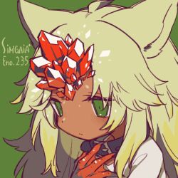 Rule 34 | 1girl, ahoge, animal collar, animal ears, animal hands, black collar, borrowed character, claws, closed mouth, collar, copyright name, crystal, dark-skinned female, dark skin, dated commentary, expressionless, green background, green eyes, green hair, hand up, long hair, looking ahead, lowres, original, portrait, rakuni, shirt, simple background, solo, split mouth, webbed hands, white shirt, zakuro (el mocchan)