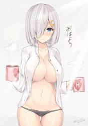 Rule 34 | 10s, 1girl, 2017, areola slip, black panties, blue eyes, blush, breasts, buttons, coffee mug, collarbone, cup, dated, hair ornament, hair over one eye, hairclip, hamakaze (kancolle), holding, holding cup, kantai collection, kuavera, large breasts, mug, navel, open clothes, open shirt, panties, shirt, short hair, silver hair, solo, steam, translated, twitter username, underwear, white background, white shirt