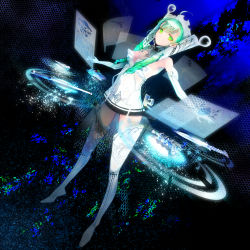 Rule 34 | 1girl, ahoge, boots, breasts, cleavage, drill hair, elbow gloves, full body, gloves, green eyes, green hair, highres, long hair, looking at viewer, medium breasts, original, outstretched arms, science fiction, sleeveless, solo, standing, strapless, suspender boots, thigh boots, thighhighs, twin drills, ukai saki, white footwear, white gloves