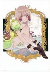 Rule 34 | 1girl, absurdres, adjusting clothes, adjusting legwear, atelier (series), atelier lydie &amp; suelle, blush, bow, dressing, frills, hairband, highres, huge filesize, long hair, noco (adamas), official art, pink hair, scan, solo, suelle marlen