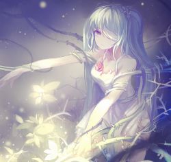Rule 34 | 1girl, bandage over one eye, blue hair, breasts, cleavage, collarbone, dress, flower, green eyes, hatsune miku, long hair, medium breasts, outstretched arms, red flower, short dress, sleeveless, sleeveless dress, smile, solo, tears, thorns, twintails, very long hair, vocaloid, white dress, xiaohan6th
