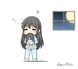 Rule 34 | 1girl, ?, asashio (kancolle), barefoot, biting, black hair, chibi, commentary request, closed eyes, failure penguin, full body, goma (yoku yatta hou jane), kantai collection, long hair, moon, one-hour drawing challenge, open mouth, pajamas, simple background, sleepy, solo, standing, stuffed animal, stuffed penguin, stuffed toy, twitter username, white background