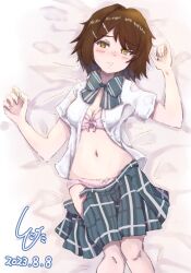 Rule 34 | 1girl, bow, bowtie, bra, brown hair, collared shirt, dated, dress shirt, feet out of frame, furutaka (kancolle), grey skirt, hair ornament, hairclip, highres, kantai collection, ld (luna dial398), looking at viewer, lying, open clothes, open shirt, panties, pink bra, pink panties, plaid, plaid skirt, pleated skirt, school uniform, shirt, short hair, signature, skirt, solo, striped bow, striped bowtie, striped clothes, underwear, unworn clothes, white shirt, yellow eyes