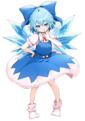 1girl blue_bow blue_dress blue_eyes blue_hair blush bobby_socks bow circle_skirt cirno closed_mouth commentary_request double-parted_bangs dress fingernails frills full_body hair_between_eyes hair_bow hand_on_own_hip hand_up highres ice ice_wings legs_apart mikan_(manmarumikan) no_shoes pigeon-toed pinafore_dress puffy_short_sleeves puffy_sleeves short_hair short_sleeves simple_background sleeveless sleeveless_dress smile socks solo standing touhou v-shaped_eyebrows white_background wing_collar wings