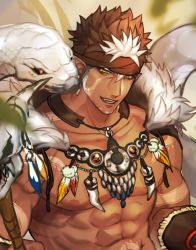 Rule 34 | 1boy, abs, arm tattoo, bara, bare pectorals, brown hair, close-up, dark-skinned male, dark skin, facial hair, goatee, gozu farm, headband, highres, jewelry, large pectorals, long sideburns, male focus, multicolored hair, muscular, necklace, nipples, pectorals, pointy ears, revealing clothes, short hair, sideburns, snake, solo, spiked hair, stomach tattoo, tangaroa (housamo), tattoo, tokyo houkago summoners, tooth necklace, tribal tattoo, two-tone hair, white hair, yellow eyes