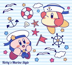 Rule 34 | absurdres, anchor, anchor symbol, arm up, bird, blue background, blue eyes, blue neckerchief, blue ribbon, blush, blush stickers, character name, cloud, english text, flag, full body, hands up, happy, hat, hat ribbon, highres, kirby, kirby (series), lifebuoy, miwa (ahyuck), neckerchief, nintendo, no humans, no mouth, one eye closed, open mouth, red eyes, ribbon, sailor hat, seagull, seashell, shading eyes, shell, ship&#039;s wheel, smile, solid oval eyes, star (symbol), starfish, striped, striped background, swim ring, waddle dee, white headwear