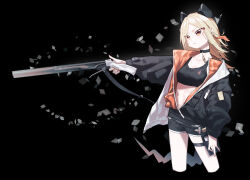 Rule 34 | 1girl, absurdres, arknights, beudelb, black background, black choker, black jacket, black shorts, blonde hair, choker, commentary, crop top, cropped legs, gun, highres, holding, holding gun, holding weapon, horns, ifrit (arknights), jacket, long hair, midriff, orange eyes, rifle, short shorts, shorts, simple background, solo, sports bra, standing, stomach, thigh strap, weapon