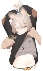 Rule 34 | 1girl, absurdres, animal ears, animal print, arms up, bikini, bulletproof vest, clothes lift, cuffs, earrings, eyeliner, glock, grey hair, grin, gun, handcuffs, handgun, highres, holding, holding gun, holding weapon, jewelry, kijikoru, leopard print, looking at viewer, makeup, mole, mole under mouth, original, pov, red eyes, shirt lift, short hair, simple background, smile, swimsuit, weapon, white background