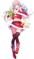 Rule 34 | 1girl, bell, belt, black thighhighs, boots, bow legwear, carrying over shoulder, copyright request, full body, fur trim, highres, long hair, looking at viewer, mana kakkowarai, midriff, navel, open mouth, pink hair, sack, santa costume, skirt, solo, thighhighs, transparent background, twintails, yellow eyes