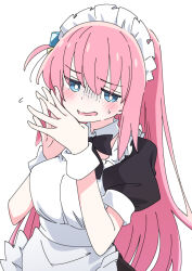 Rule 34 | 1girl, alternate costume, black bow, black bowtie, blue eyes, blush, bocchi the rock!, bow, bowtie, bright pupils, enmaided, gotoh hitori, ixy, long hair, looking at viewer, maid, maid headdress, open mouth, pink hair, puffy short sleeves, puffy sleeves, short sleeves, simple background, solo, white background, white pupils