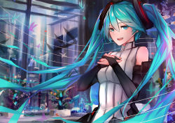 Rule 34 | 1girl, aqua eyes, aqua hair, bare shoulders, commentary, detached sleeves, english commentary, floating hair, flower, hair between eyes, hands on own chest, hatsune miku, hatsune miku (append), headset, highres, indoors, long hair, looking at viewer, neonbeat, open mouth, ribbed shirt, shirt, sleeveless, sleeveless shirt, smile, solo, twintails, very long hair, vocaloid, vocaloid append, window