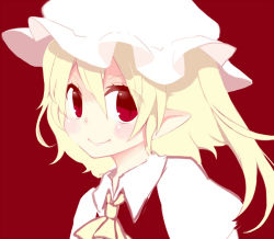Rule 34 | 1girl, ascot, blonde hair, blush, close-up, female focus, flandre scarlet, hakaisin-k, hat, pointy ears, portrait, red background, red eyes, short hair, side ponytail, sketch, slit pupils, smile, solo, touhou