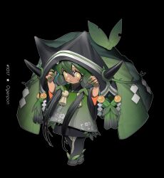 Rule 34 | 1girl, black background, black hair, character name, creatures (company), full body, game freak, green hair, green nails, hair between eyes, hands up, highres, long hair, low twintails, momokaban, multicolored hair, nail polish, nintendo, ogerpon, outline, personification, pokemon, sandals, simple background, solo, standing, star-shaped pupils, star (symbol), symbol-shaped pupils, twintails, very long hair, white outline, zouri