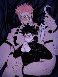 Rule 34 | 2boys, arm tattoo, black hair, black jacket, chest tattoo, closed mouth, extra arms, extra eyes, facial tattoo, fingers together, fushiguro megumi, green eyes, height difference, high collar, highres, holding, holding polearm, holding weapon, hug, jacket, jujutsu kaisen, long sleeves, male focus, multiple boys, muscular, muscular male, nipples, own hands together, pectorals, pink hair, polearm, red eyes, ryoumen sukuna (jujutsu kaisen), short hair, shoulder tattoo, size difference, spiked hair, sserupiko, tattoo, topless male, weapon, yaoi