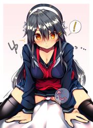 Rule 34 | !, 1girl, :o, ^^^, alternate costume, apron, arm support, black hair, black serafuku, black shirt, black skirt, black thighhighs, blanket, blush, breasts, cleavage, collarbone, gluteal fold, gradient background, hair between eyes, hair ornament, hairband, hairclip, haruna (kancolle), highres, kantai collection, large breasts, leaning forward, long hair, long sleeves, miniskirt, motion lines, open mouth, orange eyes, panties, pantyshot, parted lips, pink background, pleated skirt, red apron, red eyes, school uniform, serafuku, shirt, sitting, skirt, speech bubble, spoken exclamation mark, spread legs, straight hair, thighhighs, thighs, tsukui kachou, underwear, v-shaped eyebrows, very long hair, white hairband, white panties