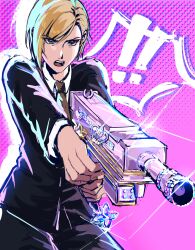 Rule 34 | !, !!, 1girl, aiming, asymmetrical hair, black jacket, black necktie, black pants, black suit, blonde hair, brown eyes, collared shirt, commentary, cowboy shot, elena (ff7), english commentary, final fantasy, final fantasy vii, final fantasy vii rebirth, final fantasy vii remake, formal, furrowed brow, gun, hair between eyes, highres, holding, holding gun, holding weapon, jacket, kivavis, long sleeves, necktie, open mouth, pants, pink background, shirt, short hair, shouting, solo, suit, swept bangs, weapon, white shirt