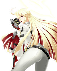 Rule 34 | 1girl, absurdres, ahoge, arc system works, ass, belt, blonde hair, bodysuit, breasts, cameltoe, from behind, gloves, guilty gear, guilty gear xrd, guilty gear xrd: revelator, halo, highres, jack-o&#039; valentine, long hair, looking at viewer, mask, unworn mask, multicolored hair, open mouth, pantylines, red eyes, red hair, sideboob, simple background, smile, solo, very long hair, white background, yomitrooper