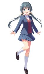 Rule 34 | 1girl, blue eyes, green hair, highres, idoly pride, official art, okuyama sumire, pleated skirt, school uniform, skirt, socks, solo, transparent background, twintails, white socks
