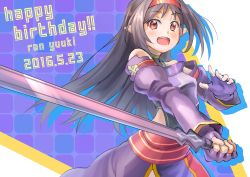 Rule 34 | 1girl, armor, breastplate, dated, detached sleeves, fingerless gloves, gloves, hairband, happy birthday, highres, holding, holding sword, holding weapon, kusekke, long hair, looking at viewer, open mouth, parted bangs, pointy ears, purple hair, red eyes, red hairband, solo, sword, sword art online, weapon, yuuki (sao)