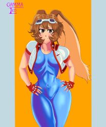 Rule 34 | 1girl, bodysuit, breasts, brown eyes, brown hair, covered navel, curvy, fingerless gloves, gloves, goggles, goggles on head, hands on own hips, highres, jacket, large breasts, legs, looking at viewer, makihara arina, open clothes, open jacket, rabbit ears, short hair, smile, solo, thick thighs, thighs, waku waku 7, wide sleeves