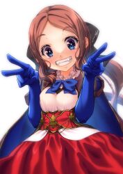 Rule 34 | 1girl, aged down, black bow, blue bow, blue bowtie, blue cape, blue gloves, blush, bow, bowtie, breasts, brown hair, cape, double v, elbow gloves, fangs, fate/grand order, fate (series), gloves, grin, hair bow, highres, leonardo da vinci (fate), leonardo da vinci (fate/grand order), leonardo da vinci (rider) (fate), long hair, looking at viewer, low ponytail, parted bangs, parted hair, puffy short sleeves, puffy sleeves, red skirt, shirt, short sleeves, simple background, skirt, small breasts, smile, solo, two-sided cape, two-sided fabric, underbust, upper body, utage nicholas, v, white background, white shirt