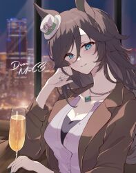 Rule 34 | 1girl, ahoge, animal ears, blush, breasts, brown hair, brown jacket, casual, character name, cleavage, cup, drinking glass, green eyes, hat, highres, horse ears, horse girl, jacket, jewelry, large breasts, long hair, long sleeves, looking at viewer, mini hat, mini top hat, mr. c.b. (umamusume), necklace, ri cochet, shirt, smile, solo, top hat, umamusume, white hat, white shirt