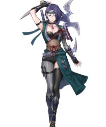 Rule 34 | 1girl, arm blade, arm guards, arm up, armor, armpits, axe, battle axe, belt, black shorts, black thighhighs, breasts, choker, cleavage, closed mouth, collarbone, female focus, fingerless gloves, fire emblem, fire emblem: three houses, fire emblem heroes, fishnet thighhighs, fishnets, full body, gloves, headgear, highres, holding, holding weapon, japanese clothes, knife belt, kunai, lips, looking at viewer, medium breasts, ninja, nintendo, obi, official alternate costume, official art, p-nekor, pantyhose, parted bangs, purple eyes, purple hair, sandals, sash, shamir nevrand, shiny clothes, short hair, shorts, shoulder armor, sleeveless, solo, standing, sword, thighhighs, toes, transparent background, weapon