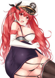 Rule 34 | 1girl, ass, azur lane, bare shoulders, black garter straps, black panties, black ribbon, blush, breasts, brown thighhighs, dress, elbow gloves, from behind, garter straps, gloves, hair ribbon, hat, highres, honolulu (azur lane), itaba atsushi, large breasts, long hair, looking at viewer, looking back, lower teeth only, lying, on side, open mouth, panties, peaked cap, red eyes, red hair, ribbon, simple background, skindentation, sleeveless, sleeveless dress, solo, taut clothes, taut dress, teeth, thighhighs, twintails, underwear, white background, white gloves, white hat