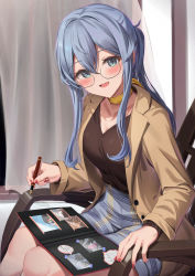 Rule 34 | 1girl, absurdres, bespectacled, blue eyes, blue hair, blue skirt, blush, breasts, brown coat, cleavage, coat, collarbone, unworn eyewear, glasses, gotland (kancolle), hair between eyes, highres, holding, holding removed eyewear, kantai collection, kokenashi, long sleeves, looking at viewer, medium breasts, medium hair, mole, mole under eye, official alternate costume, open clothes, open coat, open mouth, photo (object), sitting, skirt, smile, solo