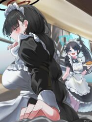 Rule 34 | absurdres, aris (blue archive), black hair, black pantyhose, blue archive, blue eyes, blush, breasts, bright pupils, collared shirt, hair ornament, hairband, hairclip, halo, highres, large breasts, long hair, long sleeves, looking at viewer, maid, maid headdress, pantyhose, panvyru, red eyes, rio (blue archive), shirt, sideways glance, skirt, smile, solo, very long hair