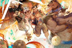 Rule 34 | 4boys, alca (wakatanka4), animal ears, artist request, bara, black hair, black tank top, blonde hair, chinese new year, commission, facial hair, fireworks, food, food in mouth, furry, furry male, furry with non-furry, glasses, gyee, highres, interspecies, jewelry, large pectorals, lion boy, lion ears, lion tail, male focus, multiple boys, muscular, muscular male, necklace, night, night sky, outdoors, pants, pectorals, romg, second-party source, short hair, shorts, sky, smile, stomach tattoo, tail, tank top, tattoo, topless male