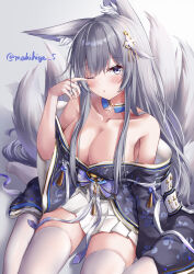 Rule 34 | 1girl, absurdres, animal ear fluff, animal ears, artist name, azur lane, bare shoulders, blue collar, breasts, cleavage, collar, detached collar, fox ears, fox girl, fox tail, gold trim, grey background, grey hair, hair ornament, highres, japanese clothes, kimono, kitsune, kyuubi, large breasts, large tail, long hair, makihige, multiple tails, one eye closed, purple eyes, shinano (azur lane), simple background, sitting, skirt, skirt under kimono, sleepy, solo, tail, thighhighs, very long hair, wariza, white skirt, white tail, white thighhighs