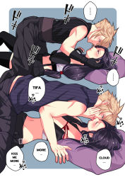 Rule 34 | 1boy, 1girl, arm ribbon, babigonice, bare shoulders, black gloves, black hair, black thighhighs, blonde hair, blue eyes, blush, boy on top, cloud strife, couple, detached sleeves, english text, eye contact, final fantasy, final fantasy vii, final fantasy vii advent children, final fantasy vii remake, fingerless gloves, gloves, hand on another&#039;s face, hetero, high collar, highres, kiss, long hair, looking at another, low-tied long hair, lying, midriff, navel, on back, pillow, red eyes, ribbon, sleeveless, sleeveless turtleneck, speech bubble, spiked hair, sweater, tank top, text focus, thighhighs, tifa lockhart, turtleneck, turtleneck sweater, undershirt, white tank top