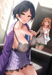 Rule 34 | 2girls, babydoll, between breasts, black hair, blush, breasts, cardigan, caught, cleavage, collarbone, couch, covered erect nipples, dress, empire waist, expressionless, gift between breasts, green shorts, hayami kanade, highres, hojo karen, idolmaster, idolmaster cinderella girls, indoors, lace-trimmed babydoll, lace trim, large breasts, looking at viewer, mk (mod0), multiple girls, nipples, on couch, parted bangs, pink dress, purple cardigan, see-through, short hair, shorts, sitting, sleeveless, sleeveless dress, smile
