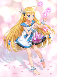 Rule 34 | 1girl, ahoge, ankle cuffs, barefoot, blonde hair, blue eyes, bug, butterfly, cage, dress, hair ornament, hairpin, bug, long hair, naomi (fantasia), original, petals, shadow, smile, solo, very long hair