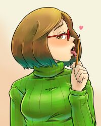 Rule 34 | 1girl, brown eyes, brown hair, fellatio, glasses, half-closed eyes, heart, highres, holding, holding pencil, licking, long sleeves, looking at viewer, malev, medium hair, nikki (swapnote), nintendo, open mouth, oral, pencil, ribbed sweater, simple background, simulated fellatio, solo, swapnote, sweater, teeth, tongue, tongue out, turtleneck, turtleneck sweater, upper body, upper teeth only