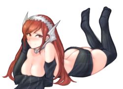 Rule 34 | 1girl, ass, blush, breasts, butt crack, cherche (fire emblem), cleavage, female focus, fire emblem, fire emblem awakening, full body, image sample, long hair, lying, meme attire, nintendo, on stomach, red eyes, red hair, solo, thighhighs, thighs, transparent background, tridisart, tumblr sample