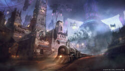 Rule 34 | artist request, building, city, cityscape, copyright name, copyright notice, final fantasy, final fantasy xiv, floating, floating island, floating object, highres, house, locomotive, no humans, official art, outdoors, overcast, railroad tracks, realistic, scenery, sky, smoke, window