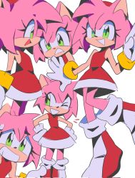 Rule 34 | 1girl, amy rose, boots, dress, furry, furry female, gloves, green eyes, head tilt, highres, looking at viewer, multiple views, open mouth, pantyhose, pink pantyhose, red dress, red footwear, sleeveless, sleeveless dress, smile, sonic (series), sweatdrop, white background, white gloves, yen0028