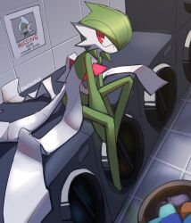 Rule 34 | 1girl, artist name, basket, between legs, bob cut, closed mouth, clothes, colored skin, creatures (company), diviously, english text, female focus, flat chest, full body, gallade, game freak, gardevoir, gen 3 pokemon, gen 4 pokemon, green hair, green skin, hair over one eye, hand between legs, highres, indoors, knee up, laundromat, legs, looking back, missing poster, multicolored skin, nintendo, one eye covered, pokemon, pokemon (creature), red eyes, short hair, signature, sitting, solo, tile floor, tile wall, tiles, two-tone skin, washing machine, white skin