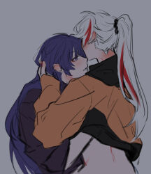 Rule 34 | 2girls, bite mark, black jacket, clothes lift, commentary, grey background, hand on another&#039;s head, hand under clothes, hand under shirt, honkai (series), honkai impact 3rd, jacket, jacket lift, kiana kaslana, long hair, multicolored hair, multiple girls, orange jacket, parted lips, ponytail, purple eyes, purple hair, raiden mei, red hair, salt66666, shirt, simple background, streaked hair, upper body, white hair, yuri