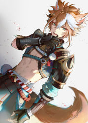 Rule 34 | 1boy, animal ears, arm guards, armor, artist name, bandages, black gloves, brown hair, darkavey, dutch angle, eyeshadow, fang, finger to mouth, fingerless gloves, fox boy, fox ears, fox tail, genshin impact, gloves, gorou (genshin impact), green eyes, hair between eyes, hair ornament, highres, japanese armor, makeup, multicolored hair, open mouth, stomach, streaked hair, tail, white background