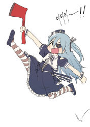 Rule 34 | 1girl, axe, blue dress, blue hair, blush, closed eyes, dress, eyepatch, fang, full body, hat, highres, holding, holding axe, jumping, last origin, light blue hair, long hair, lrl (last origin), luke (dydansgur), mary janes, open mouth, pantyhose, print eyepatch, shoes, simple background, skin fang, solo, striped clothes, striped pantyhose, two side up, weapon, white background