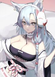 Rule 34 | 1girl, animal ear fluff, animal ears, bare shoulders, black bra, bra, braid, breasts, bright pupils, character request, cine (wazd0183), cleavage, commission, copyright request, detached collar, fox ears, fox mask, grey eyes, grey hair, hairband, highres, japanese clothes, kimono, large breasts, long hair, long sleeves, looking at viewer, mask, mask on head, navel, obi, off shoulder, open clothes, open kimono, parted lips, pixiv commission, sash, side braid, smile, solo, strapless, strapless bra, underwear, upper body, very long hair, virtual youtuber, white hairband, white kimono, wide sleeves